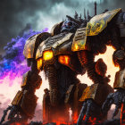 Giant armored robot on battlefield with cosmic explosion in sky