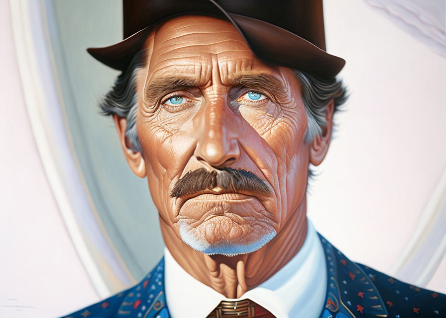 Hyperrealistic painting of man with mustache and soul patch in brown suit and hat.