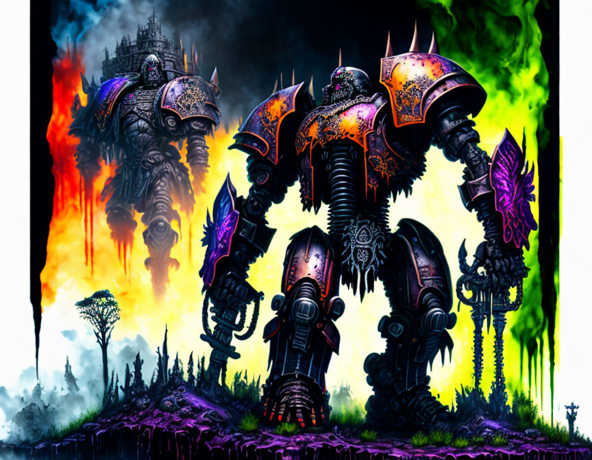 Three armored mechanical giants with weapons against a backdrop of dark castles and vibrant skies.