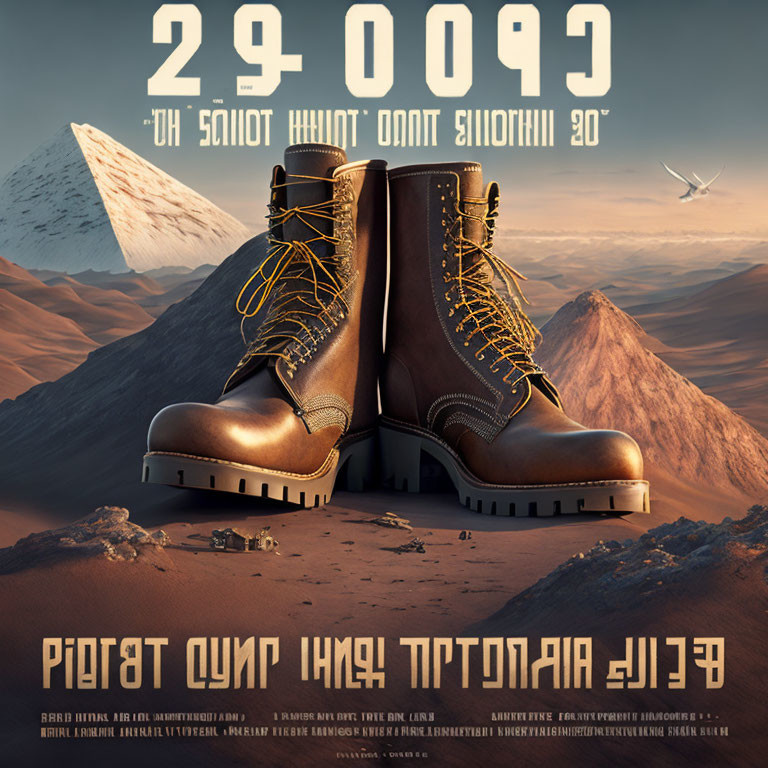 Rugged boots on Martian terrain with airplane and Earth in the sky