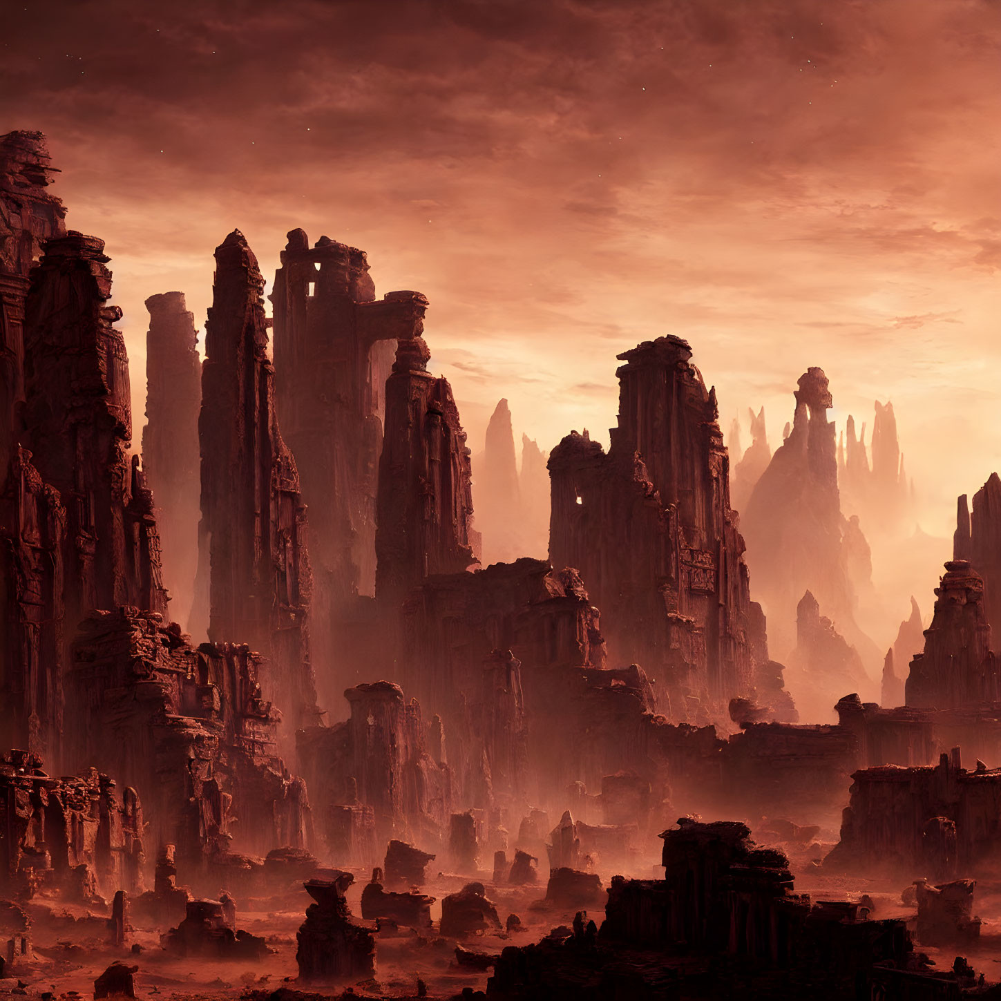 Dramatic alien landscape with towering rock formations under a reddish sky