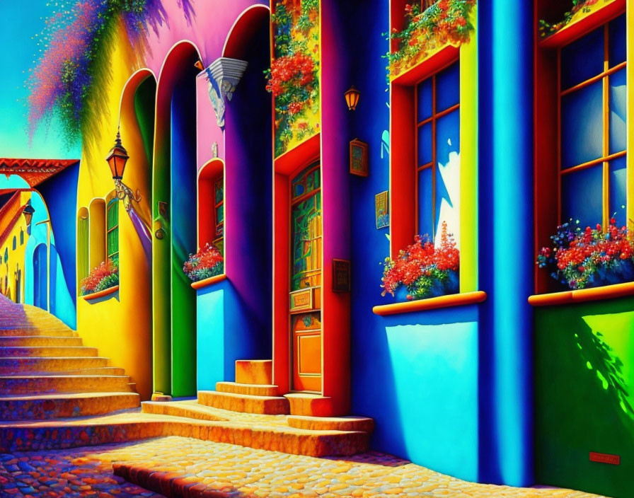 Colorful Street Scene with Arched Doorways and Cobblestone Stairway