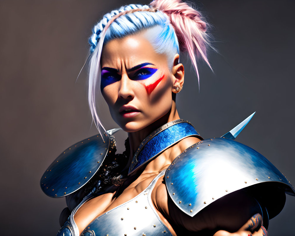 Blue-and-Pink Hair Woman with Striking Makeup and Shoulder Armor