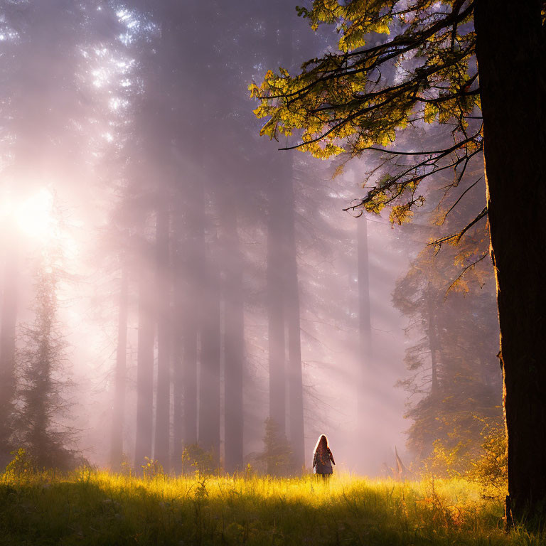 Sunlit Forest Clearing with Tall Trees and Mist