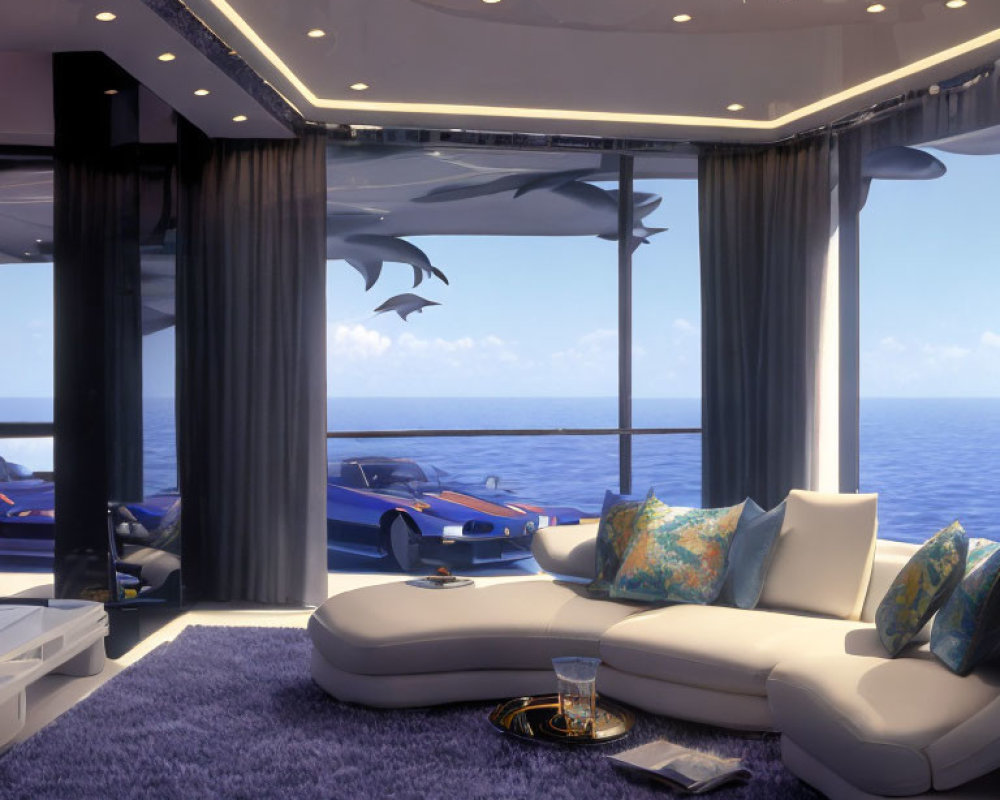 Luxurious Modern Interior with Ocean View and Dolphins