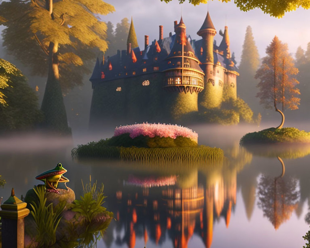 Majestic fairytale castle by tranquil lake with lush trees and frog on lily pad