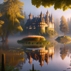 Majestic fairytale castle by tranquil lake with lush trees and frog on lily pad