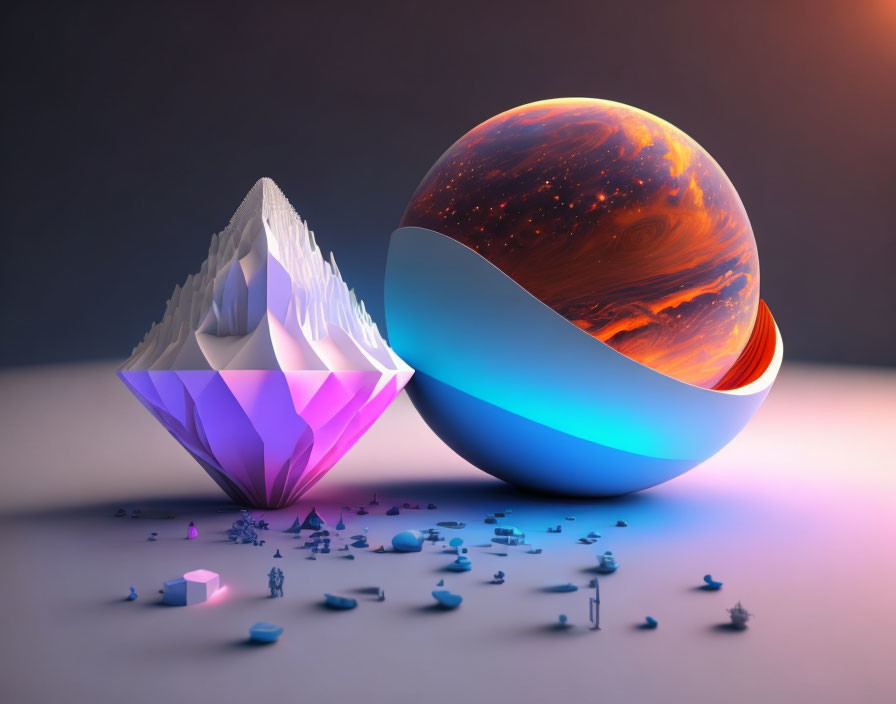Geometric crystal structure and lava sphere in 3D render