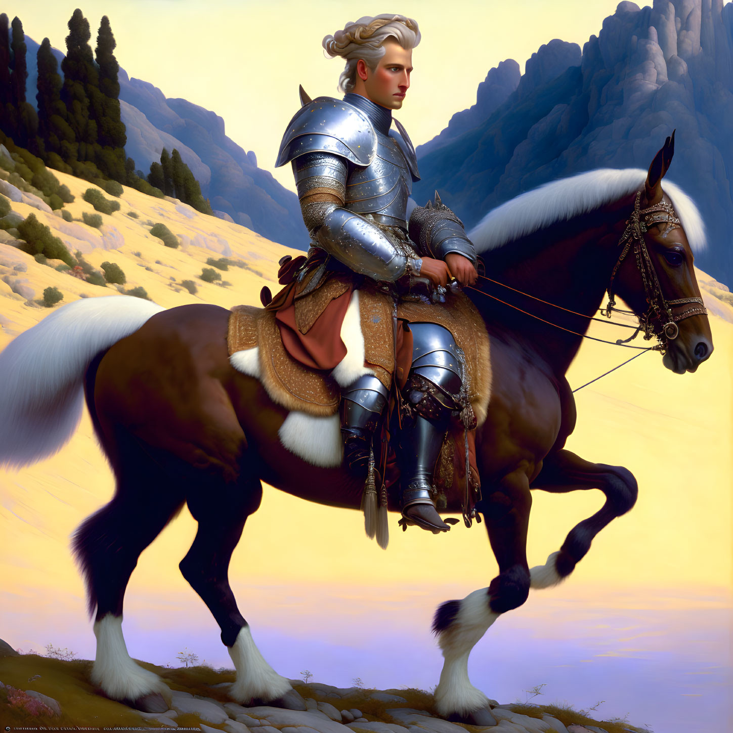 Knight on Horseback in Sunset Landscape with Cliffs