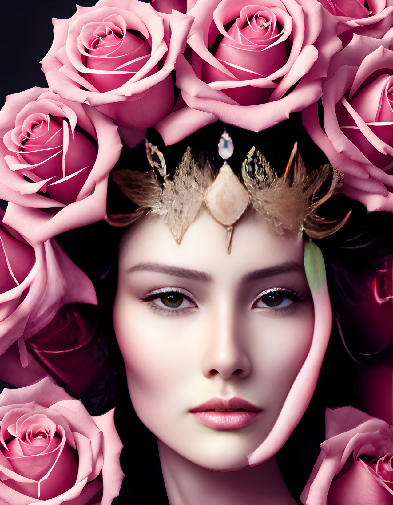 Woman with Gold Leaf Crown and Pink Rose Backdrop and Striking Makeup
