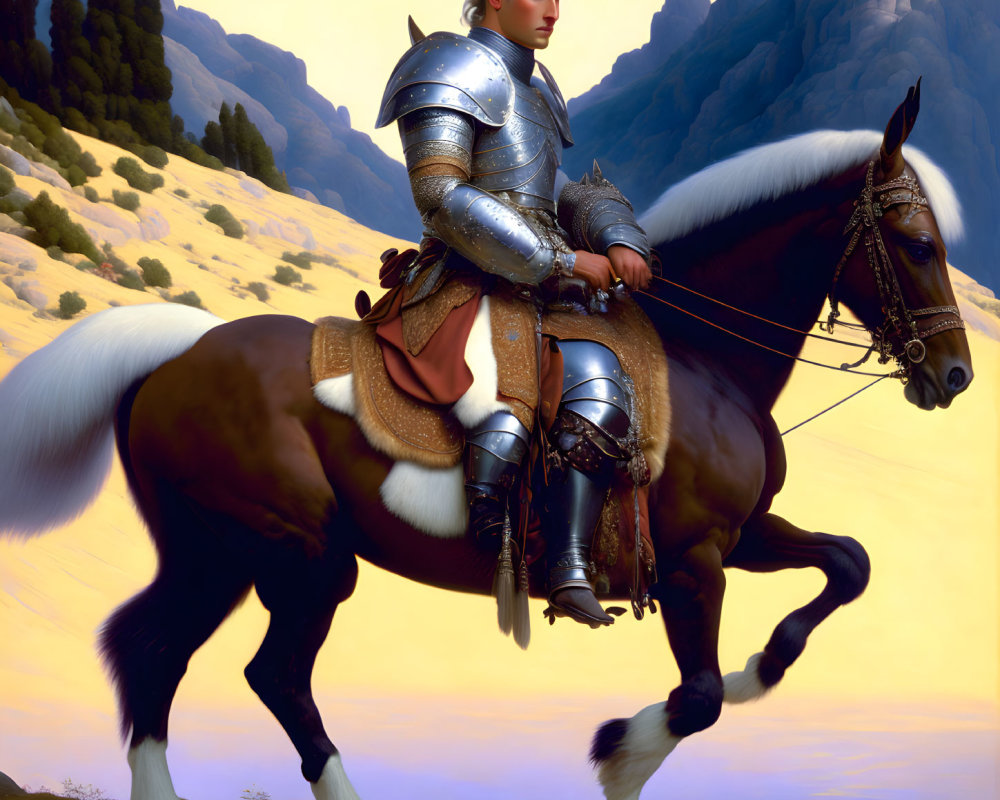 Knight on Horseback in Sunset Landscape with Cliffs