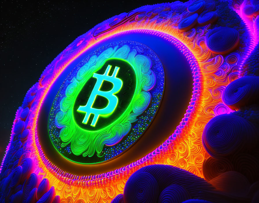 Colorful Digital Artwork: Glowing Bitcoin Symbol Amid Swirling Patterns