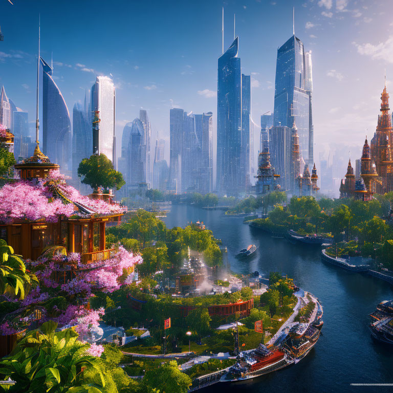 Futuristic city blending traditional and modern architecture with cherry blossoms and river.