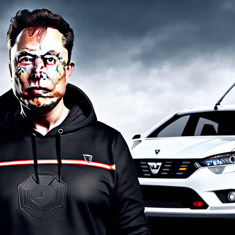 Digitally altered portrait of man with robotic face and futuristic car against dark sky