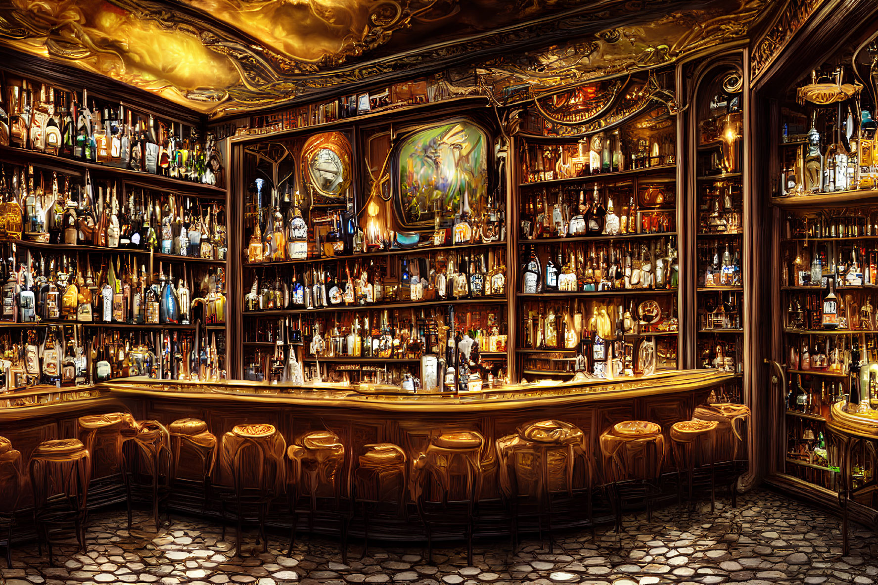 Luxurious Bar with Golden Ceilings, Ornate Decor, and Clock Centerpiece