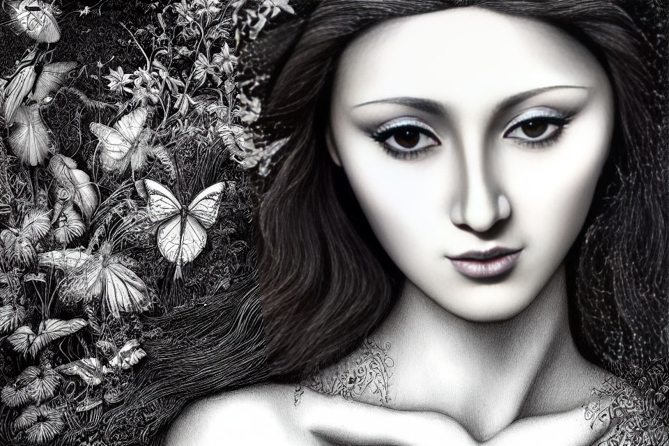 Monochrome Artwork of Woman Surrounded by Flora and Butterflies