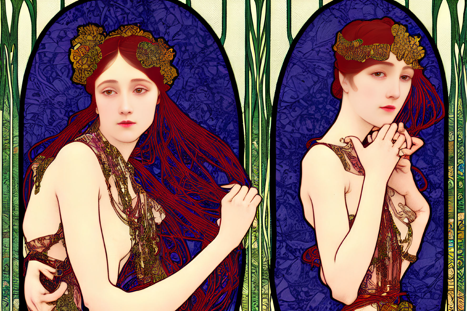 Art Nouveau Illustration of Two Women with Red Hair