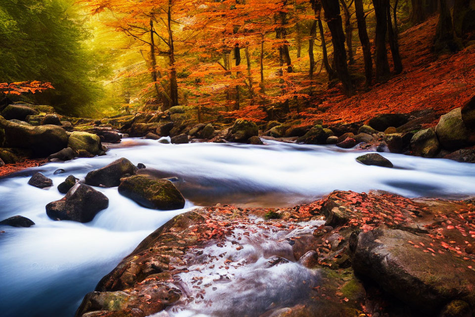 Tranquil stream in autumnal forest with vibrant orange and red leaves