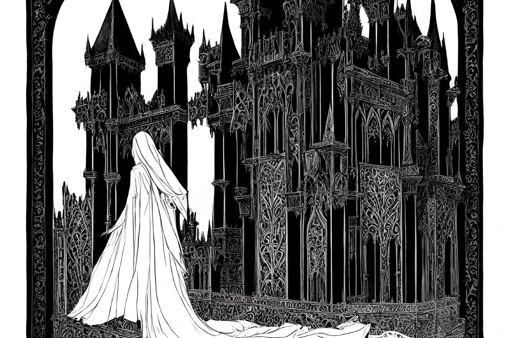 Monochrome illustration of veiled figure in flowing gown at gothic cathedral