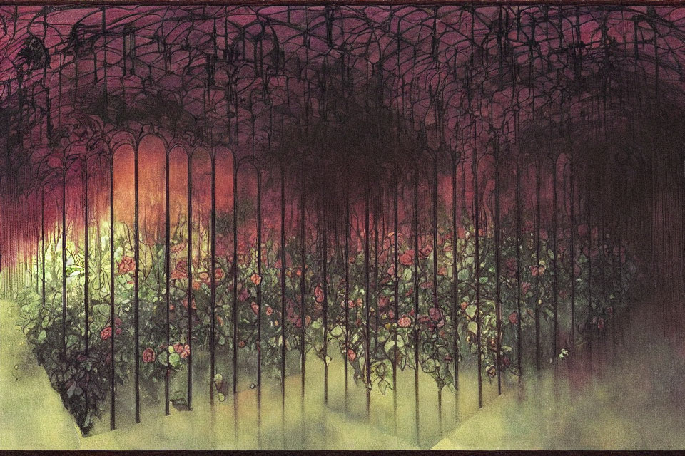 Illustration: Dark, moody rose garden at dusk with dense foliage and ornate trellis