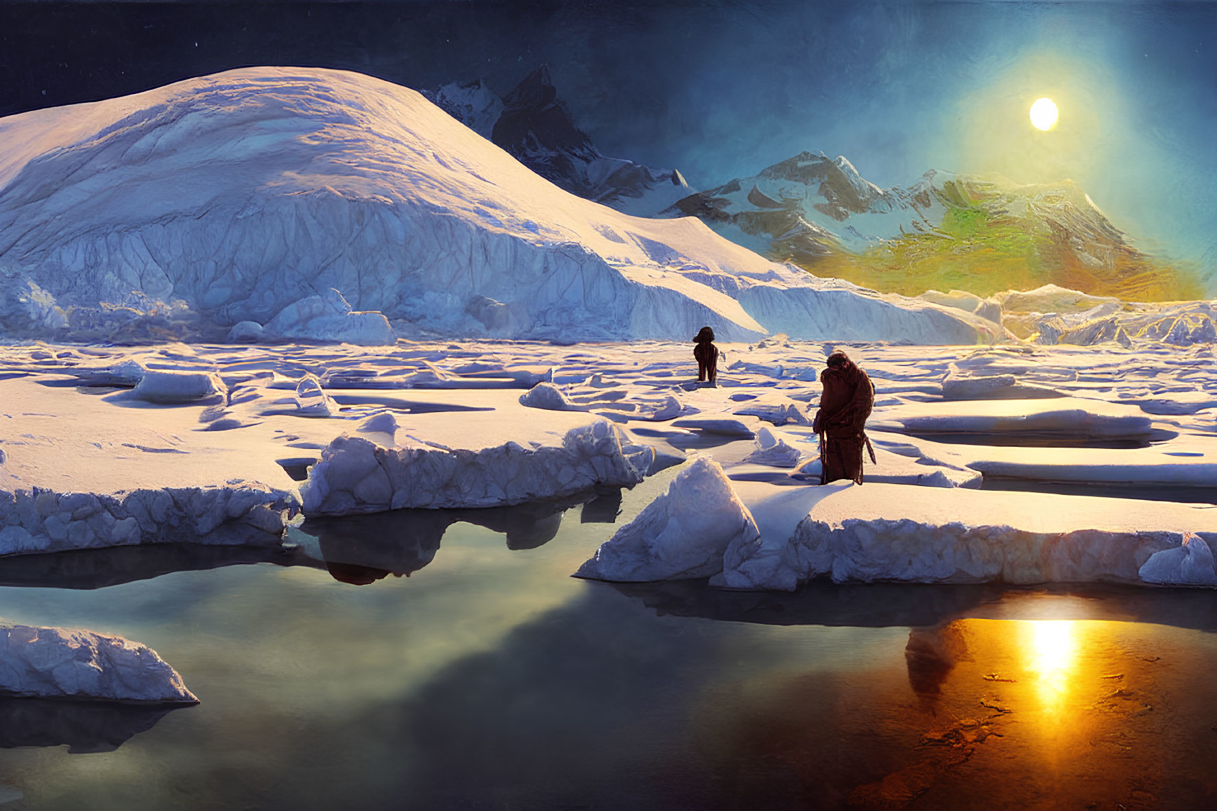 People walking on ice floes with snowy mountain and sunset/sunrise background