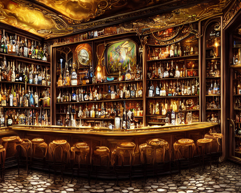 Luxurious Bar with Golden Ceilings, Ornate Decor, and Clock Centerpiece