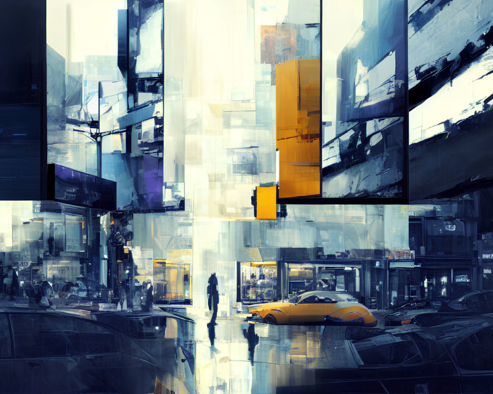 Abstract futuristic cityscape with reflective surfaces, person silhouette, and yellow car.