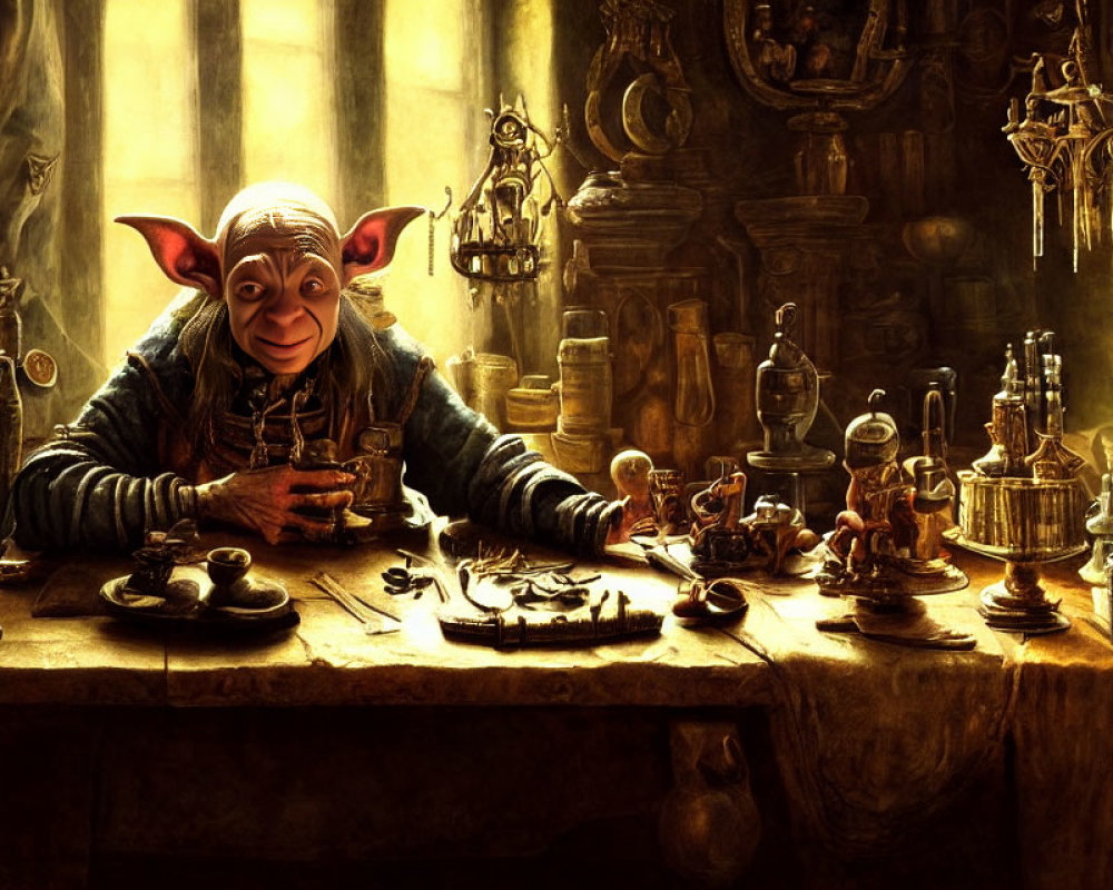Whimsical creature with large ears at cluttered antique table