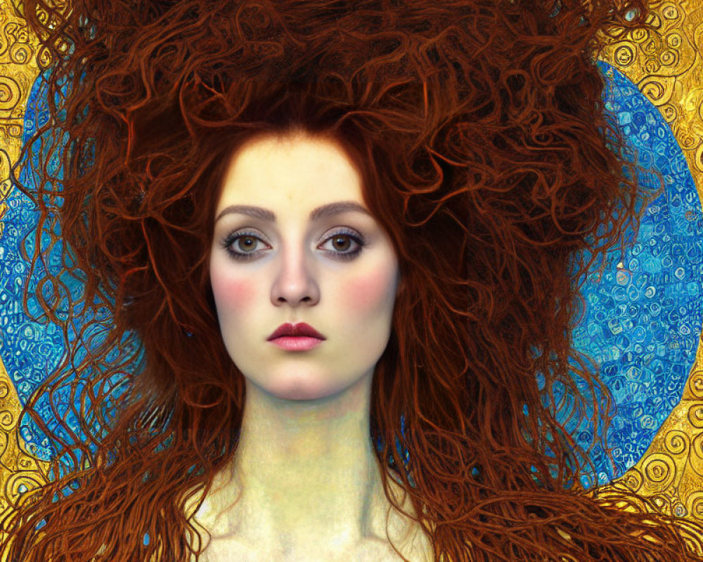Woman with Voluminous Reddish-Brown Hair on Blue and Gold Background
