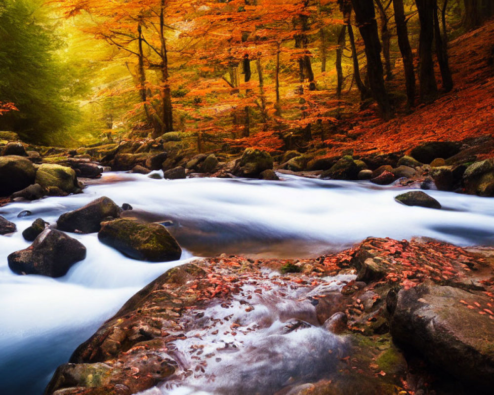 Tranquil stream in autumnal forest with vibrant orange and red leaves