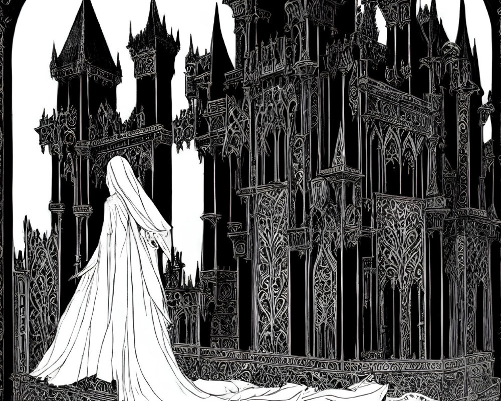 Monochrome illustration of veiled figure in flowing gown at gothic cathedral