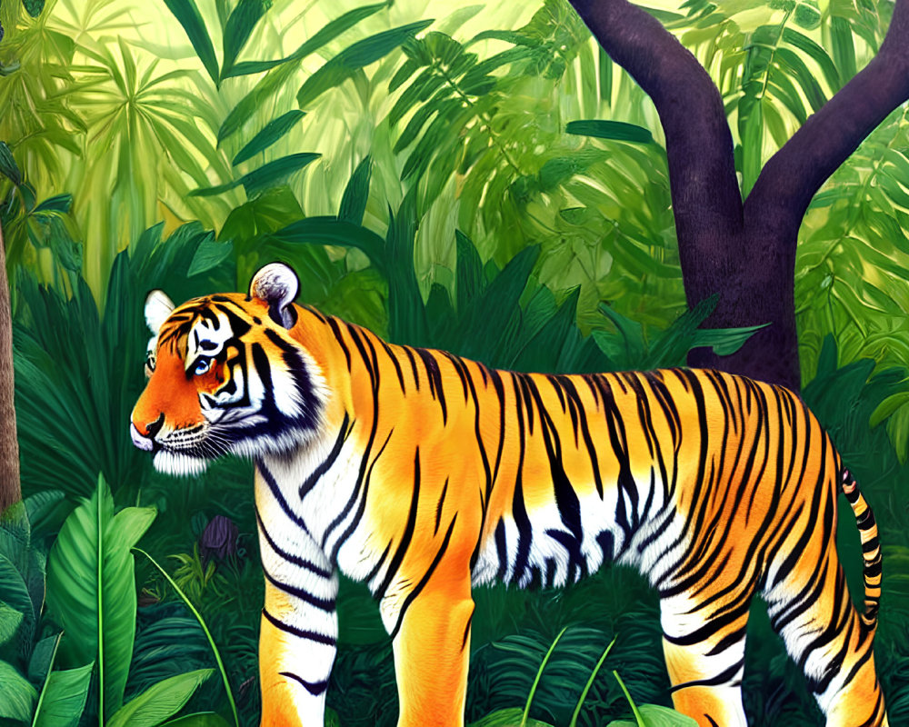 Detailed Tiger Illustration in Lush Green Jungle