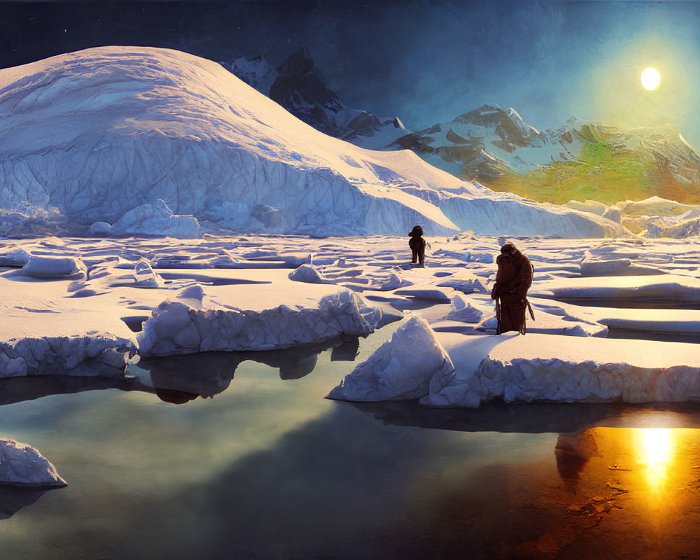 People walking on ice floes with snowy mountain and sunset/sunrise background