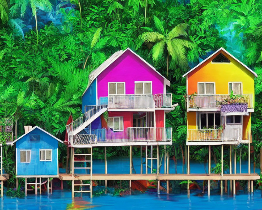 Colorful Stilt Houses Overlooking Tropical Forest and Blue Waters