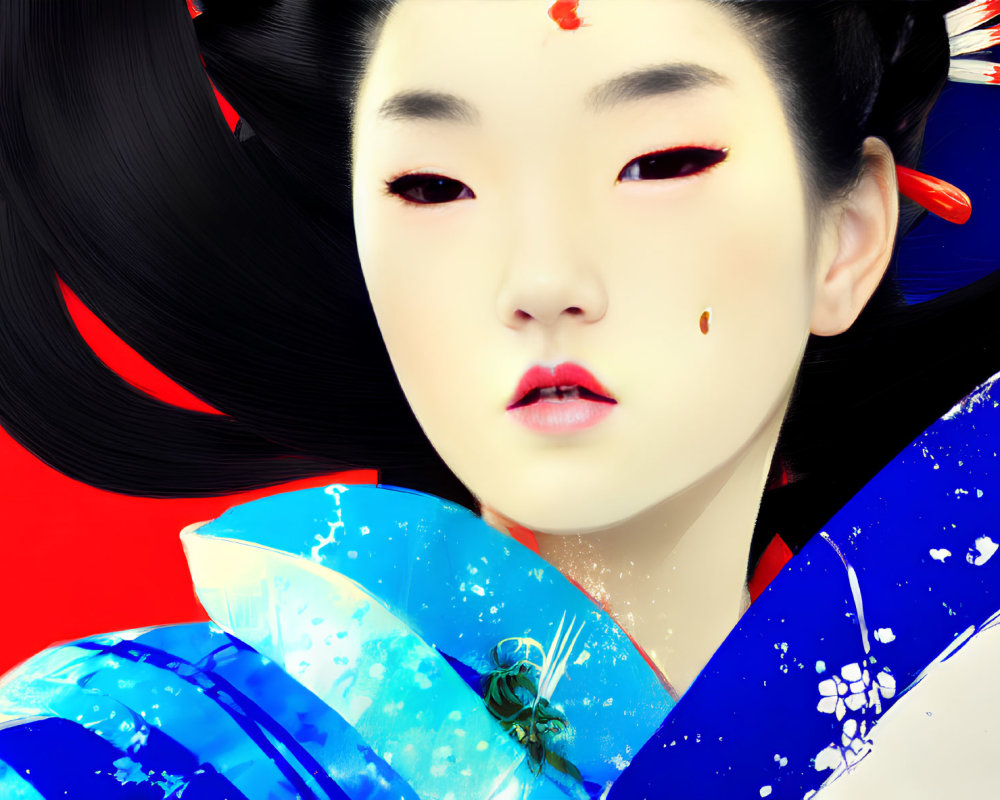 Digital art: Girl in traditional Japanese attire with red and blue colors