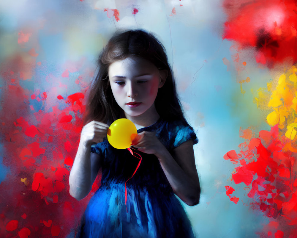 Young girl in blue dress with yellow balloon on vibrant abstract background