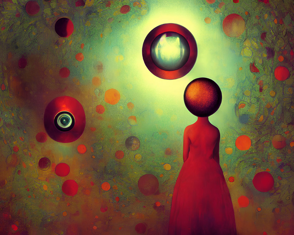 Surreal artwork of figure in red dress with floating orbs on vibrant backdrop