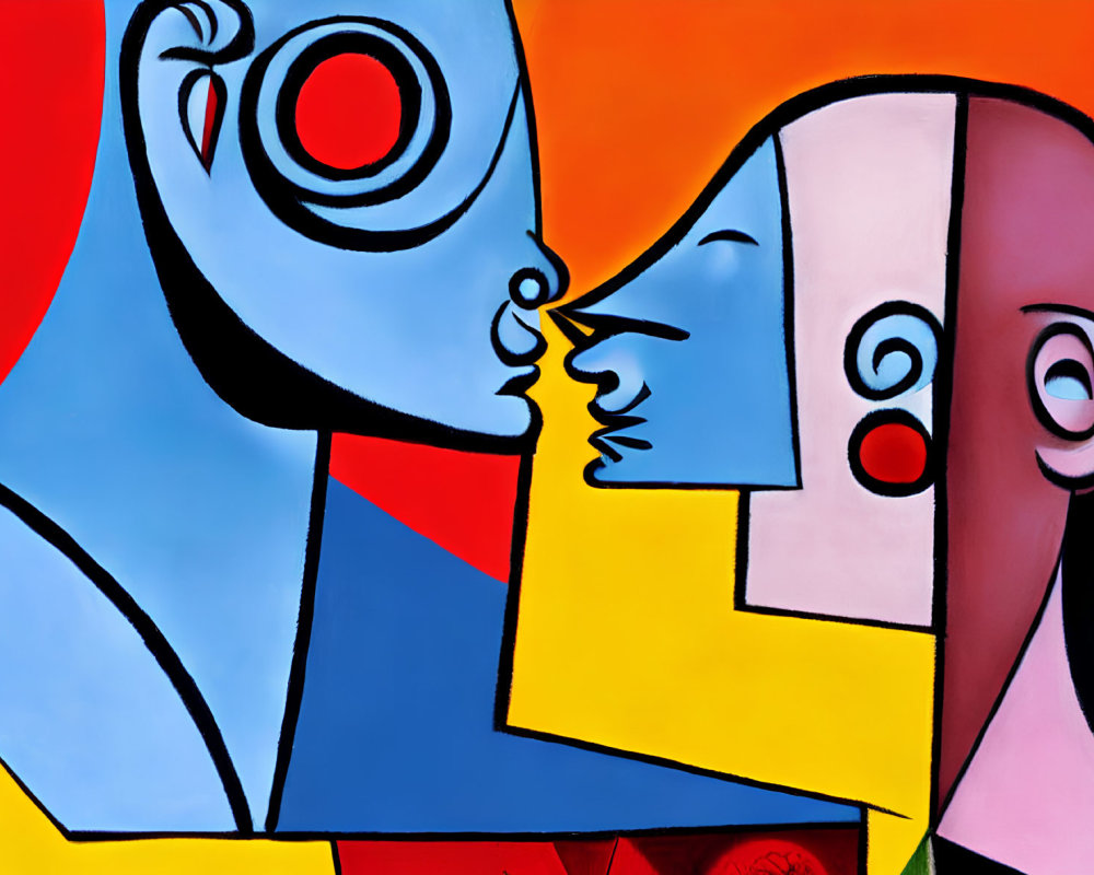 Colorful Abstract Painting: Two Profile Faces in Bold Colors and Geometric Shapes