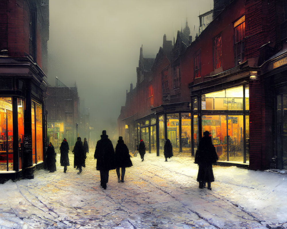 Snowy urban street at dusk with pedestrians and warmly lit shop windows