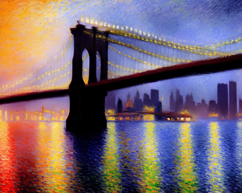 Impressionist-style painting: Bridge at dusk with vivid water and colorful sky