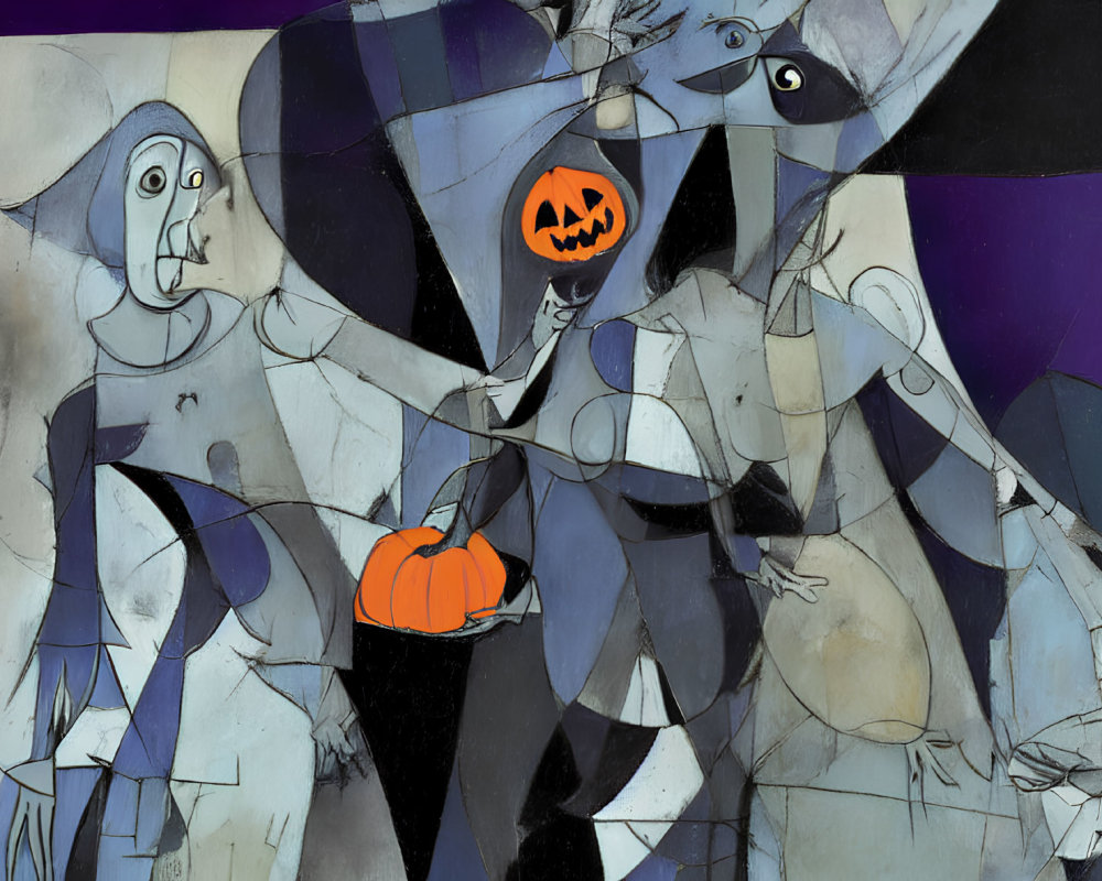 Cubist-style artwork with distorted figures and Halloween pumpkin motif