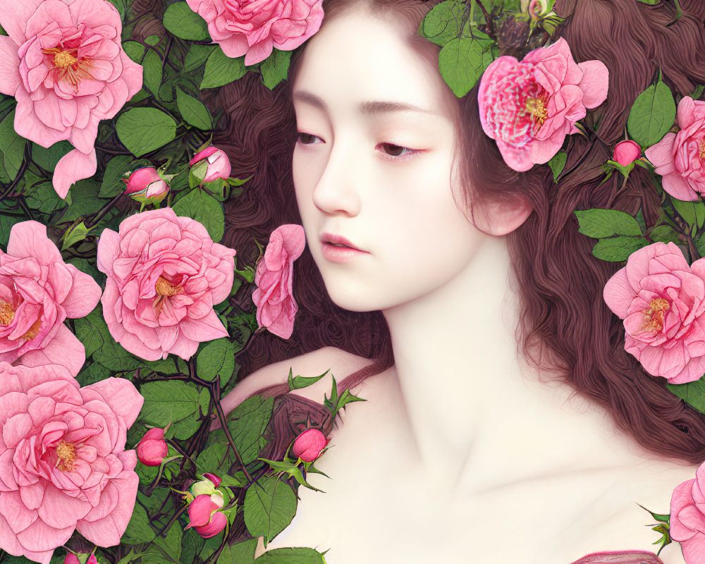 Pale woman with dark hair amidst pink roses and green foliage