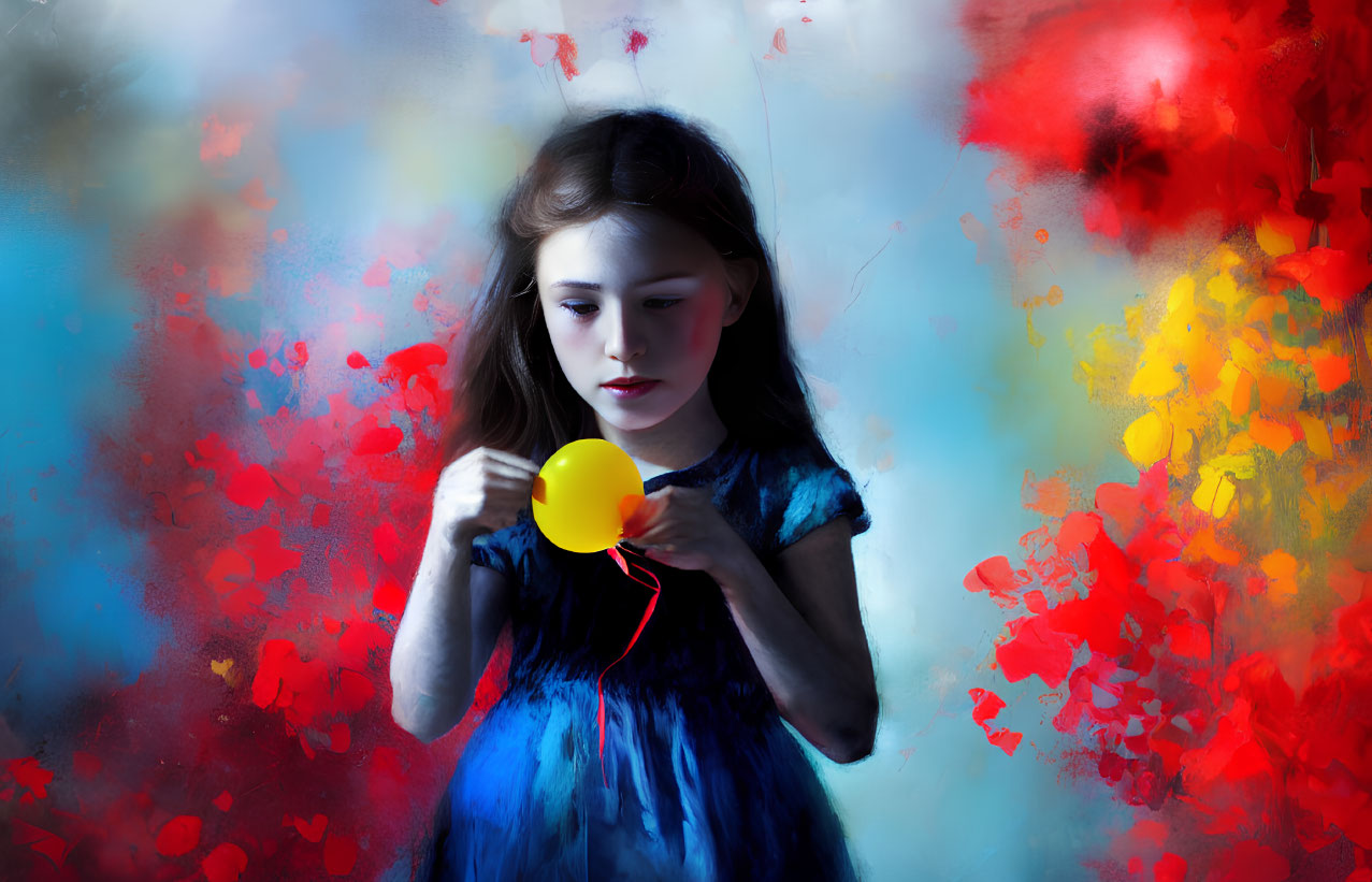 Young girl in blue dress with yellow balloon on vibrant abstract background