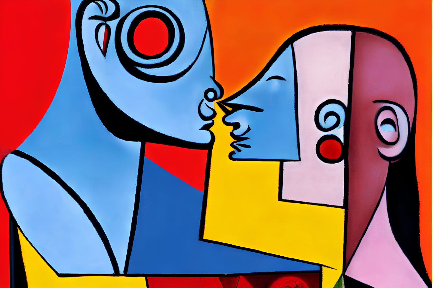 Colorful Abstract Painting: Two Profile Faces in Bold Colors and Geometric Shapes