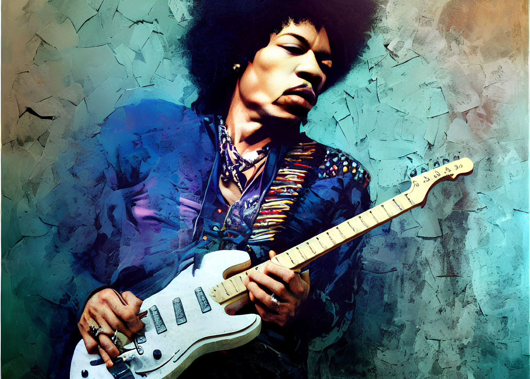 Stylized image of person with afro playing Fender guitar