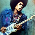 Stylized image of person with afro playing Fender guitar