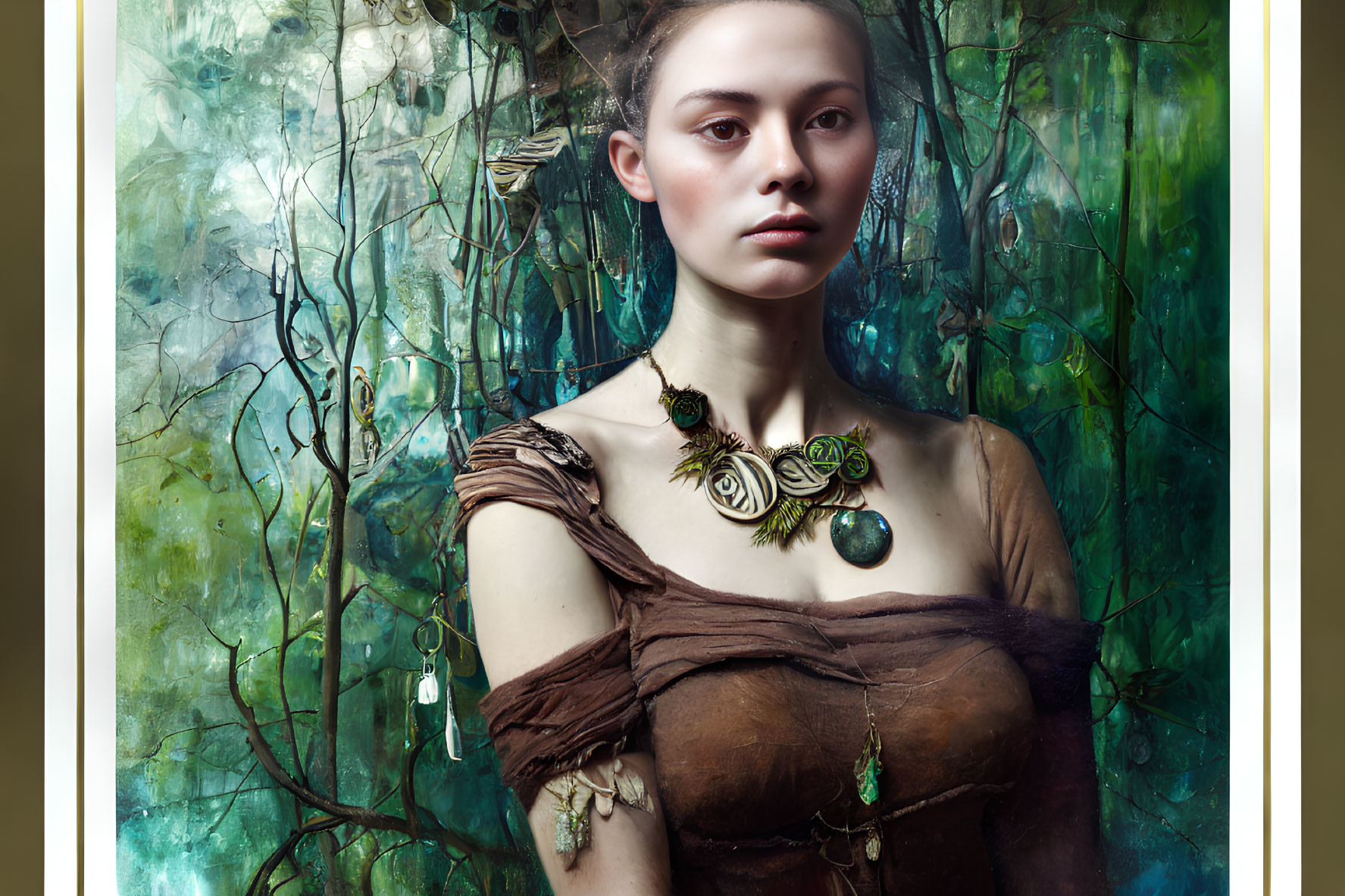 Ethereal woman in brown dress with leafy jewelry against abstract green backdrop