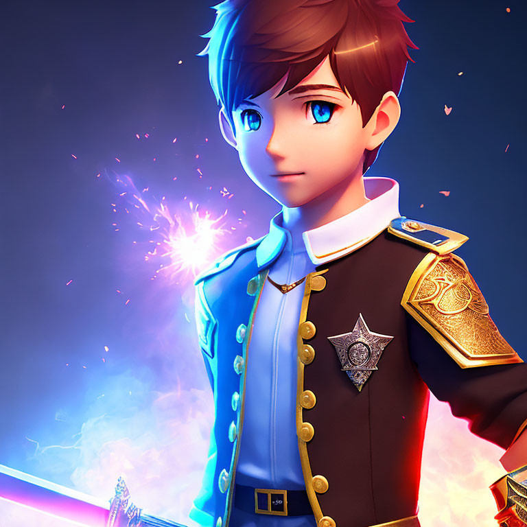 Stylized animated character with glowing sword in military-style jacket