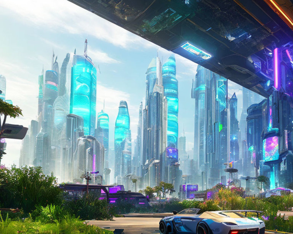 Futuristic cityscape with skyscrapers, neon signs, sports car, greenery, clear