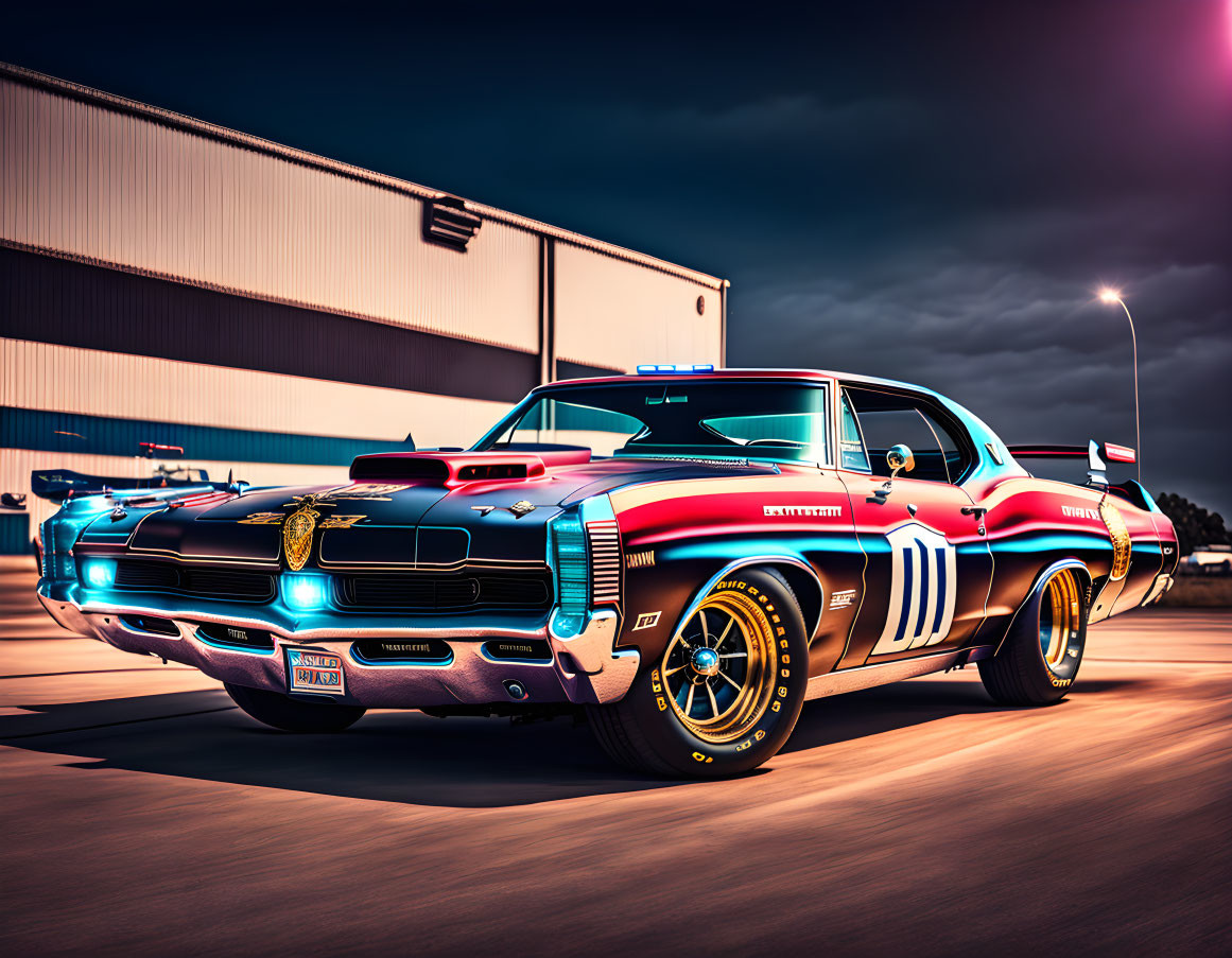 Custom patriotic muscle car with stars and stripes paint job at dusk